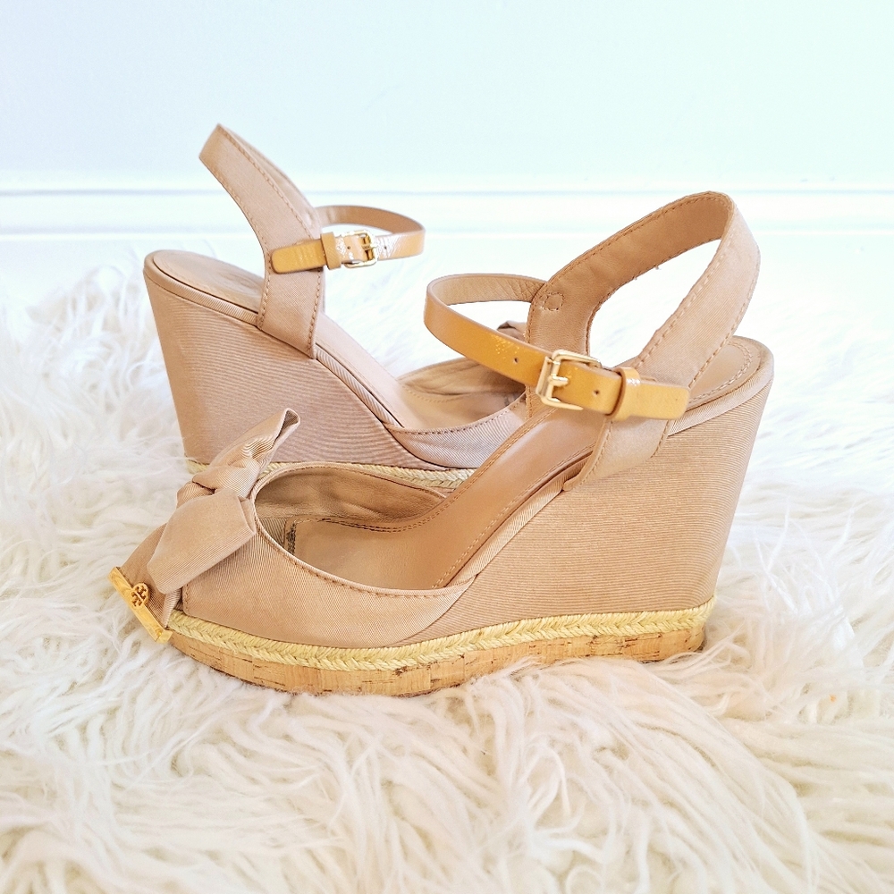 Tory Burch Beige Canvas Espadrille Wedge Ankle Strap Sandals - 9.5 - Picture 6 of 11